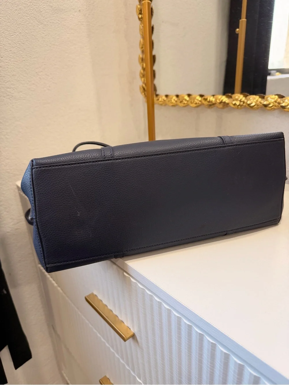 Tory Burch Navy Leather Tote with Yellow Tag